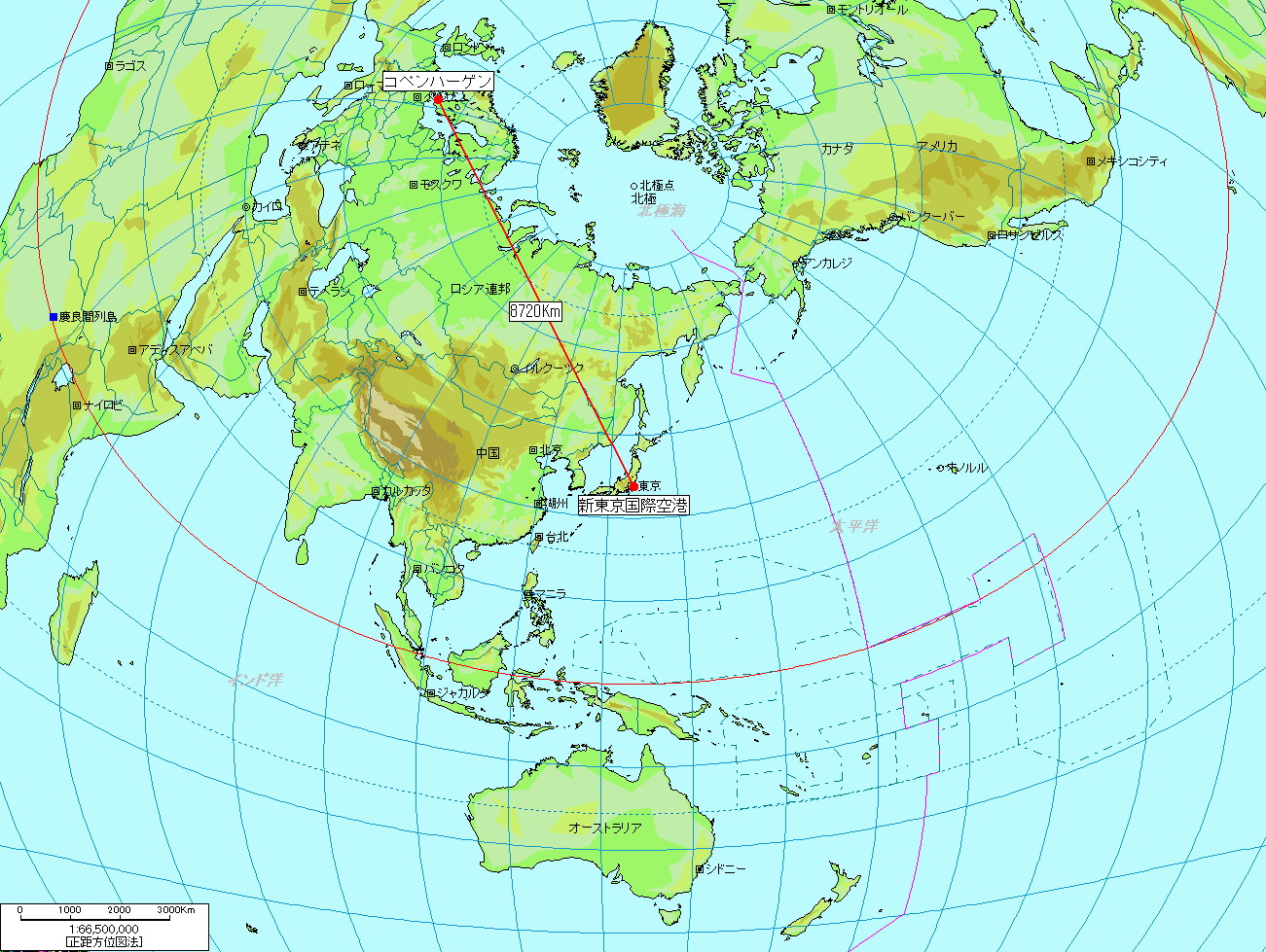 ごっしーの理科情報室２ 本当はこれが最短コースなんです メルカトル図法上での大圏コース